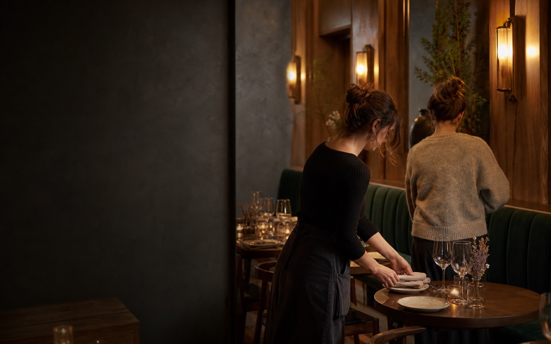 Concept image of two women preparing a candlelit dining room before service